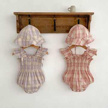 Baby Smocked Plaid Strap Bodysuit with Hat