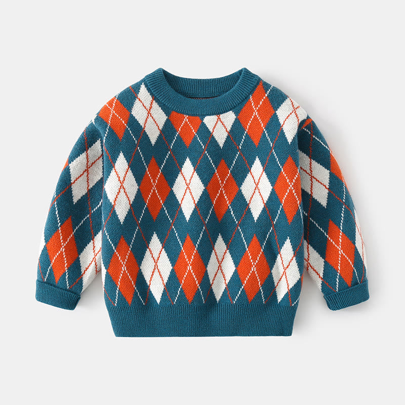 Toddler Retro Style Blue Diamond Round Neck Sweater