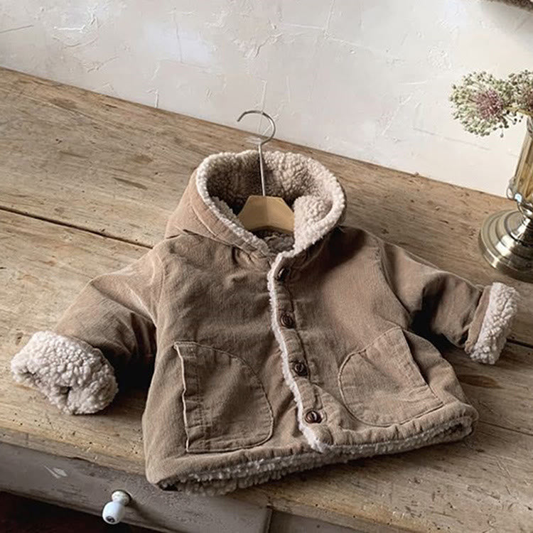 Baby Fleece Button Retro Style Hooded Coat