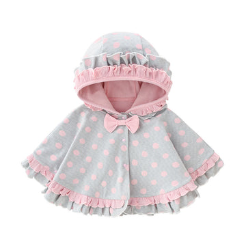 Toddler Girl Dots Bow Hooded Grey Cloak