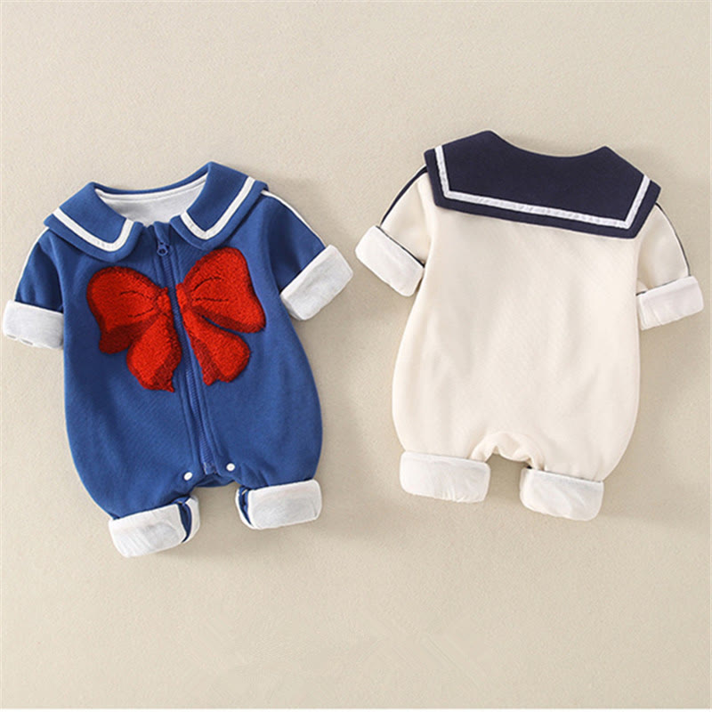 Baby Lapels Bow Zipper Romper