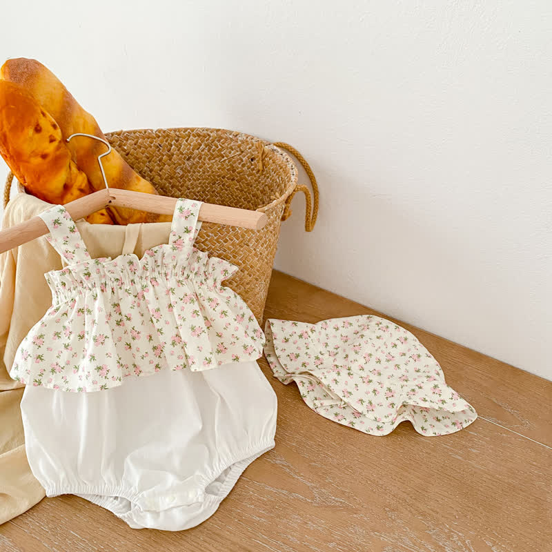 Baby Floral Layered Strap Overalls with Hat