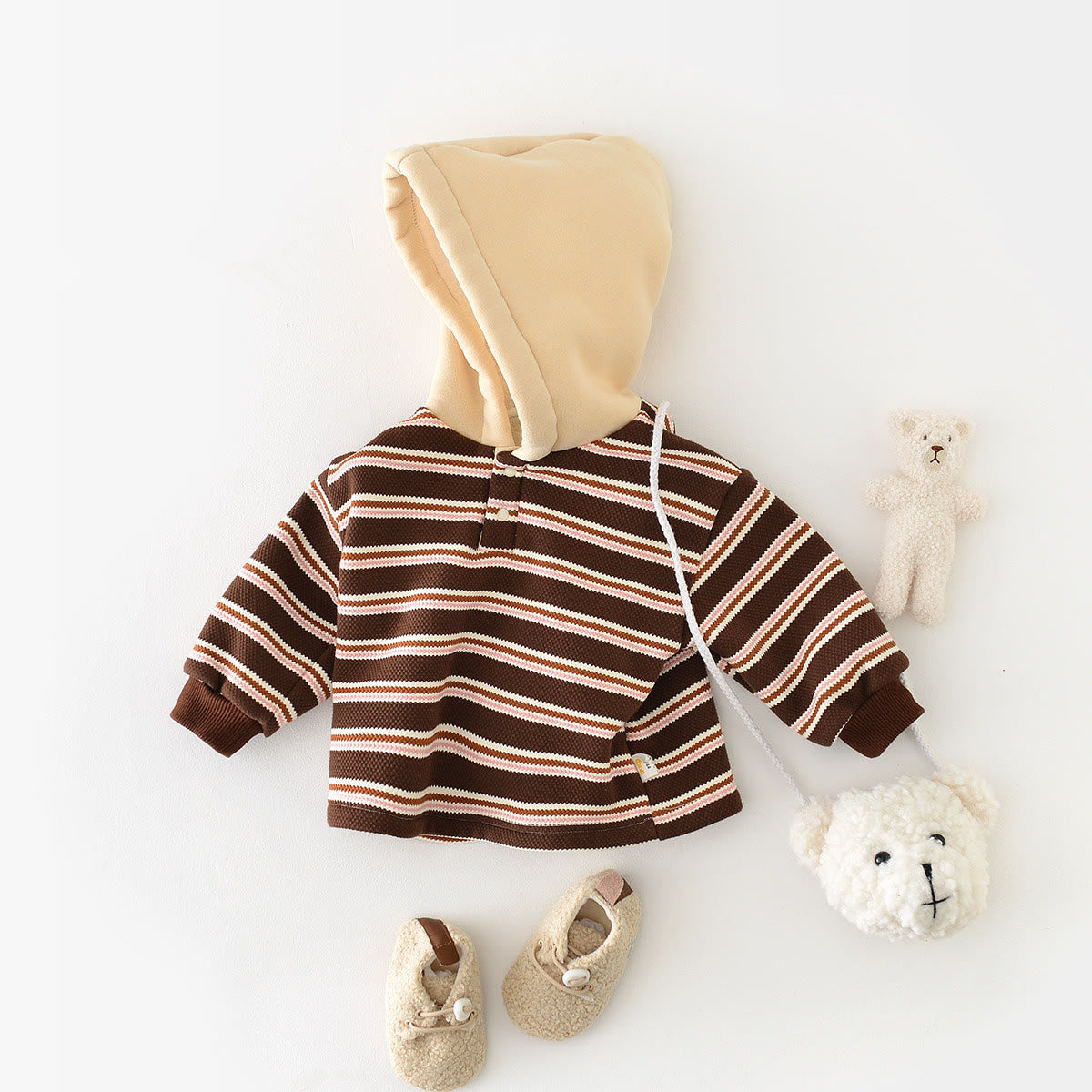 Baby Brown Striped Button Fleece Lined Hoodie