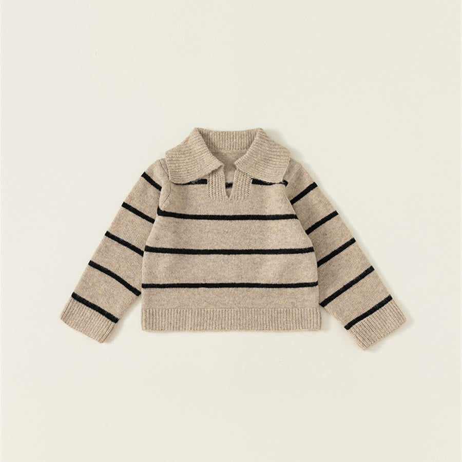 Toddler Lapels Khaki Broad-striped Knitted Casual Sweater