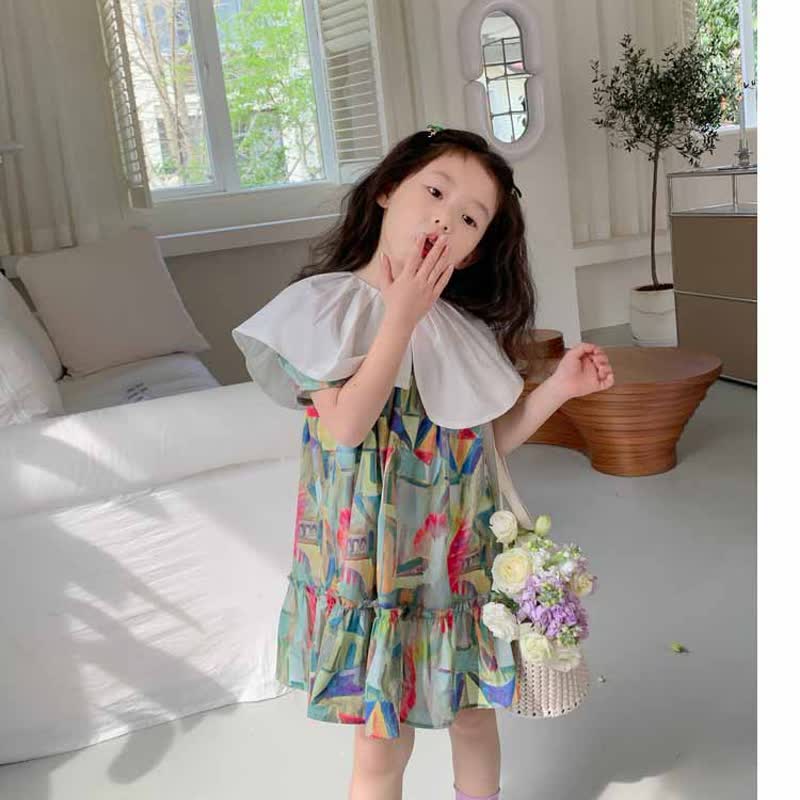 Toddler Girl Ink Painting Lapel Collar Dress