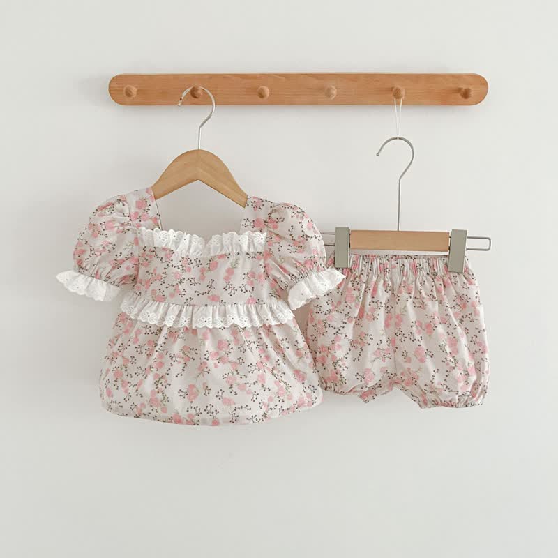 Baby Flower Lace Trim Shirt and Shorts Set