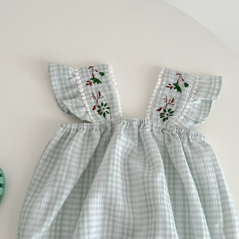 Baby Vintage Embroidered Flower Plaid Overalls