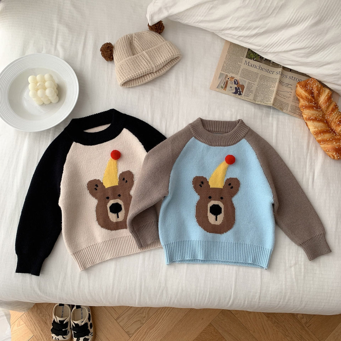 Toddler Hat Bear Contrast Sleeves Knitted Sweater