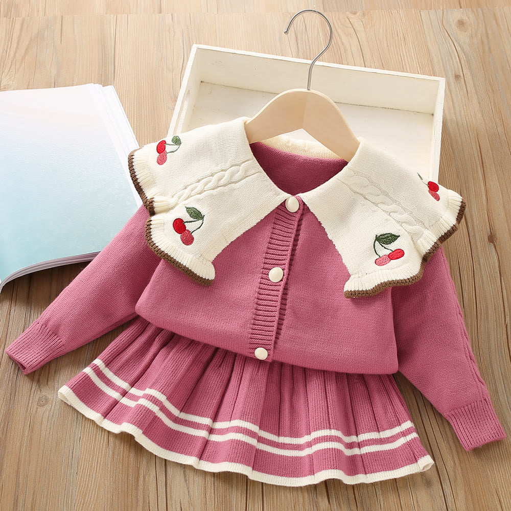 Toddler Girl Lapels Embroidered Cherry 2 Pieces Set