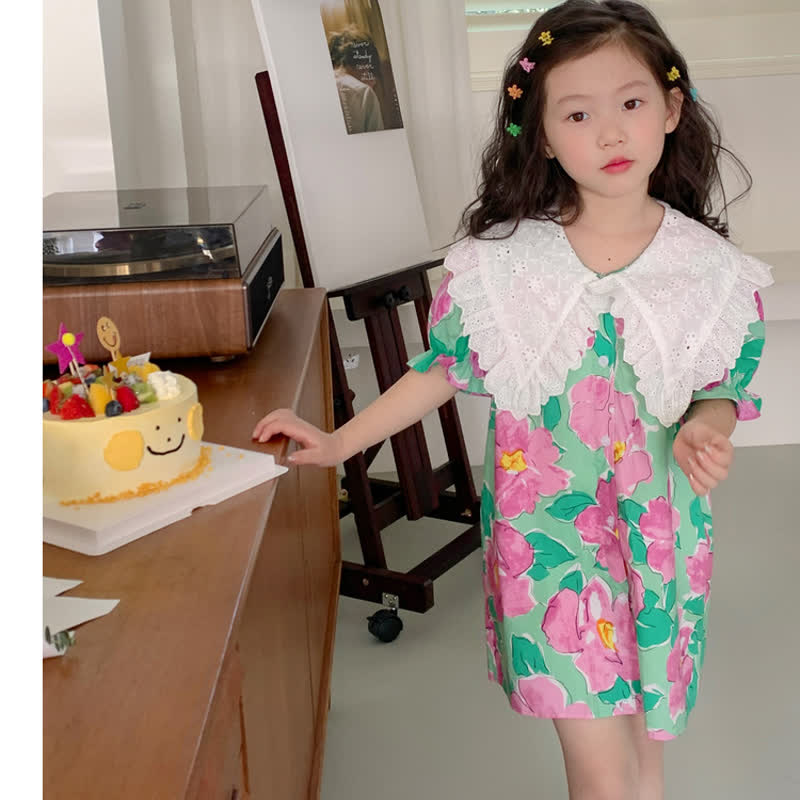 Toddler Girl Flower Lace Lapel Collar Dress