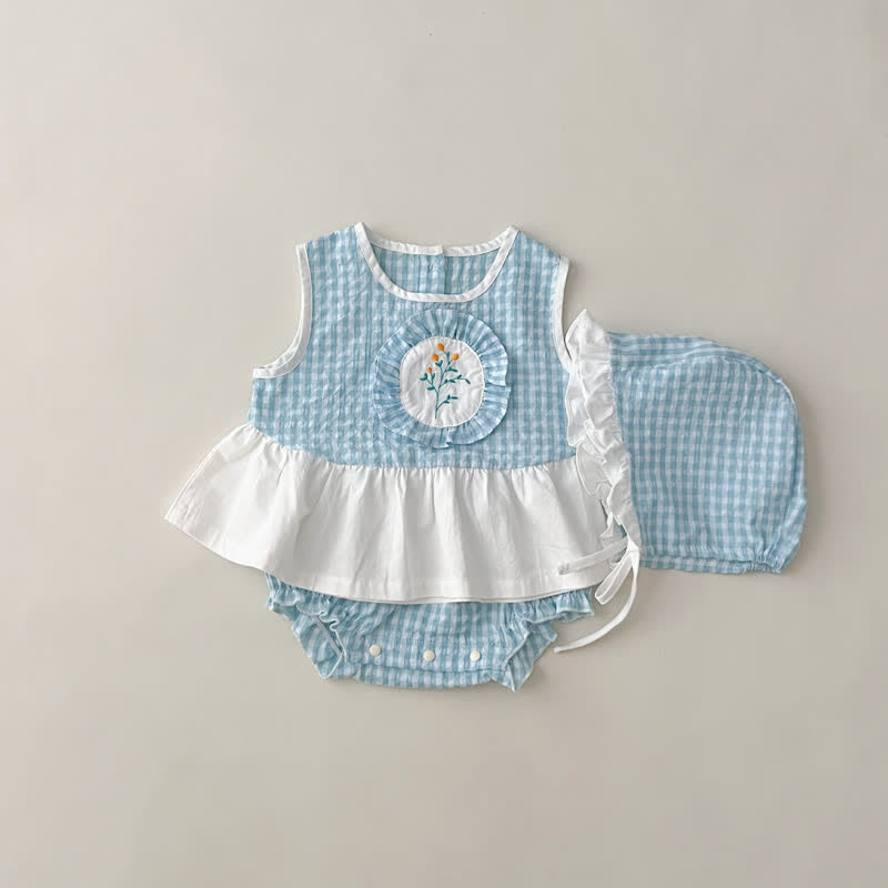 Baby Plaid Flower Camisole Bloomer Hat Set