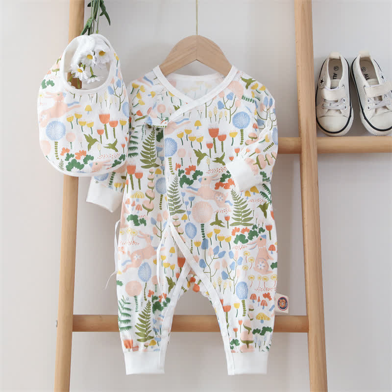 Baby Bunny Flower Kimono Casual Romper with Bib