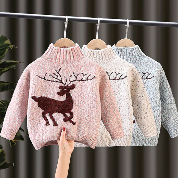 Toddler Girl High Collar Deer Knitted Sweater