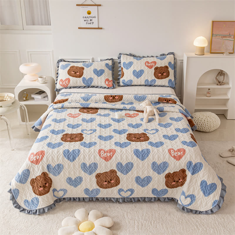 Quilted Heart Bear Thick 3 Pieces Bedding Set