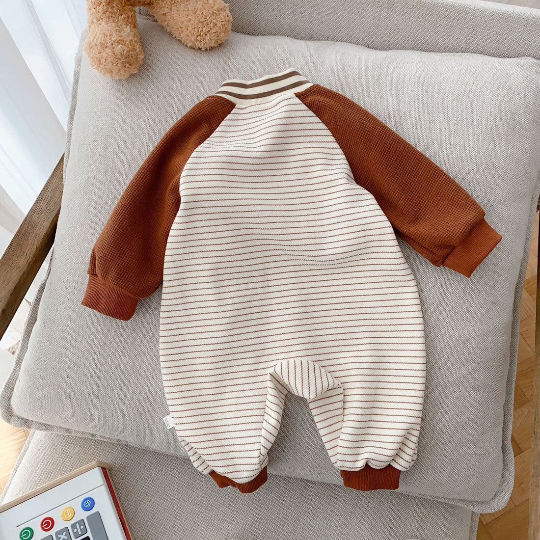 Baby Pocket Bear Striped Contrast Sleeves Romper