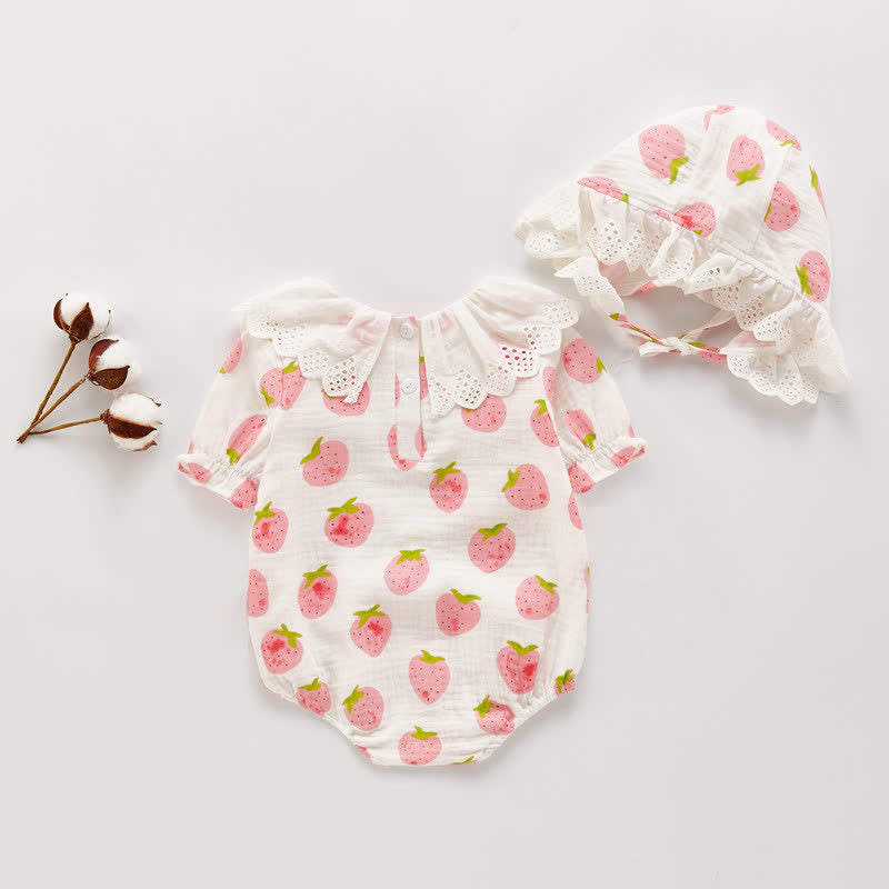 Baby Strawberry Lace Collar Bodysuit with Hat