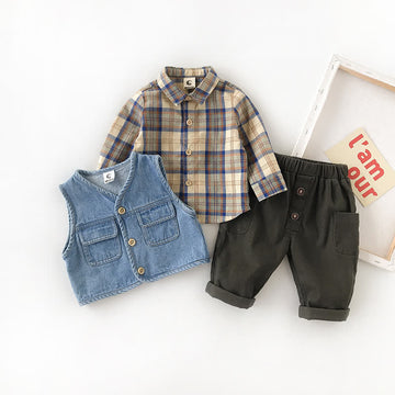 Toddler Boy Plaid Shirt Pants Tank Top Set