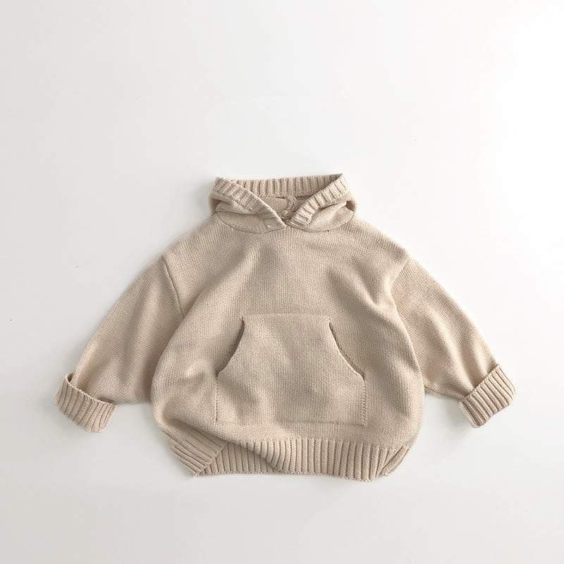 Toddler Solid Color Hooded Knitted Pocket Sweater