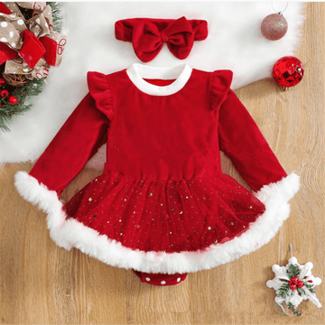 Baby Red Christmas Skirted Bodysuit with Headband