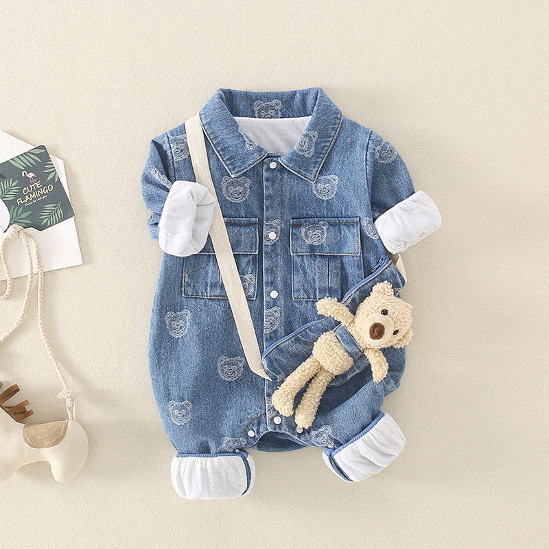 Baby Denim Bear Romper with Bag