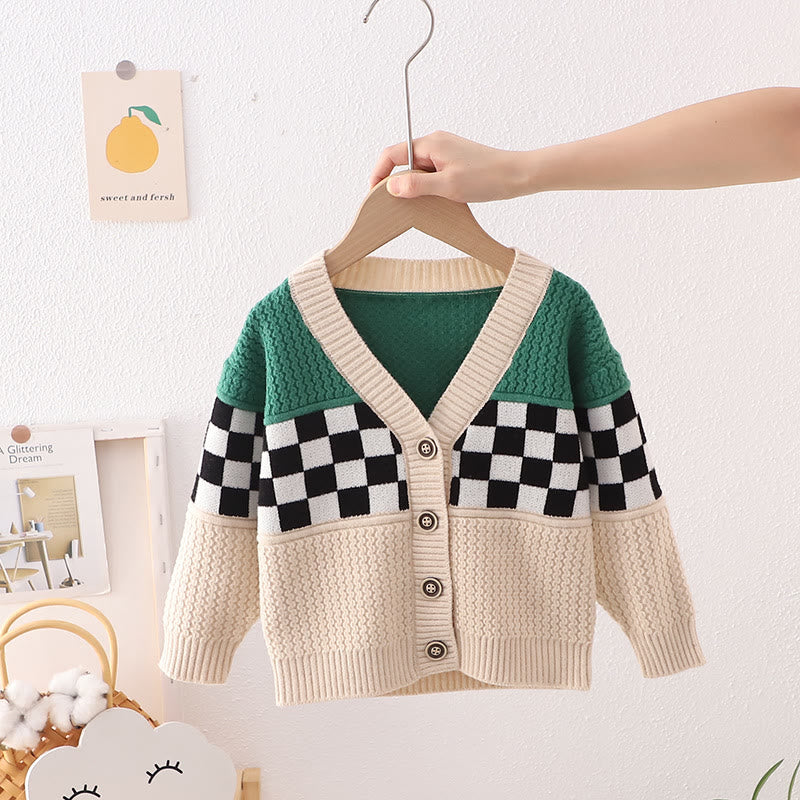 Toddler Boy V-neck Plaid Knitted Design Cardigan