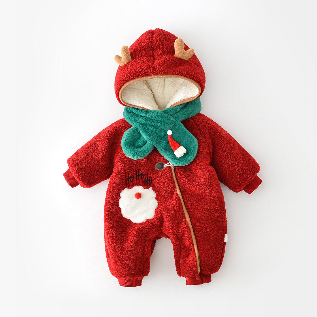 Baby Fleece Lined Christmas Reindeer Hooded Romper with Scarf