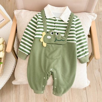 Baby Collar Striped Crocodile Fake 2 Pieces Romper