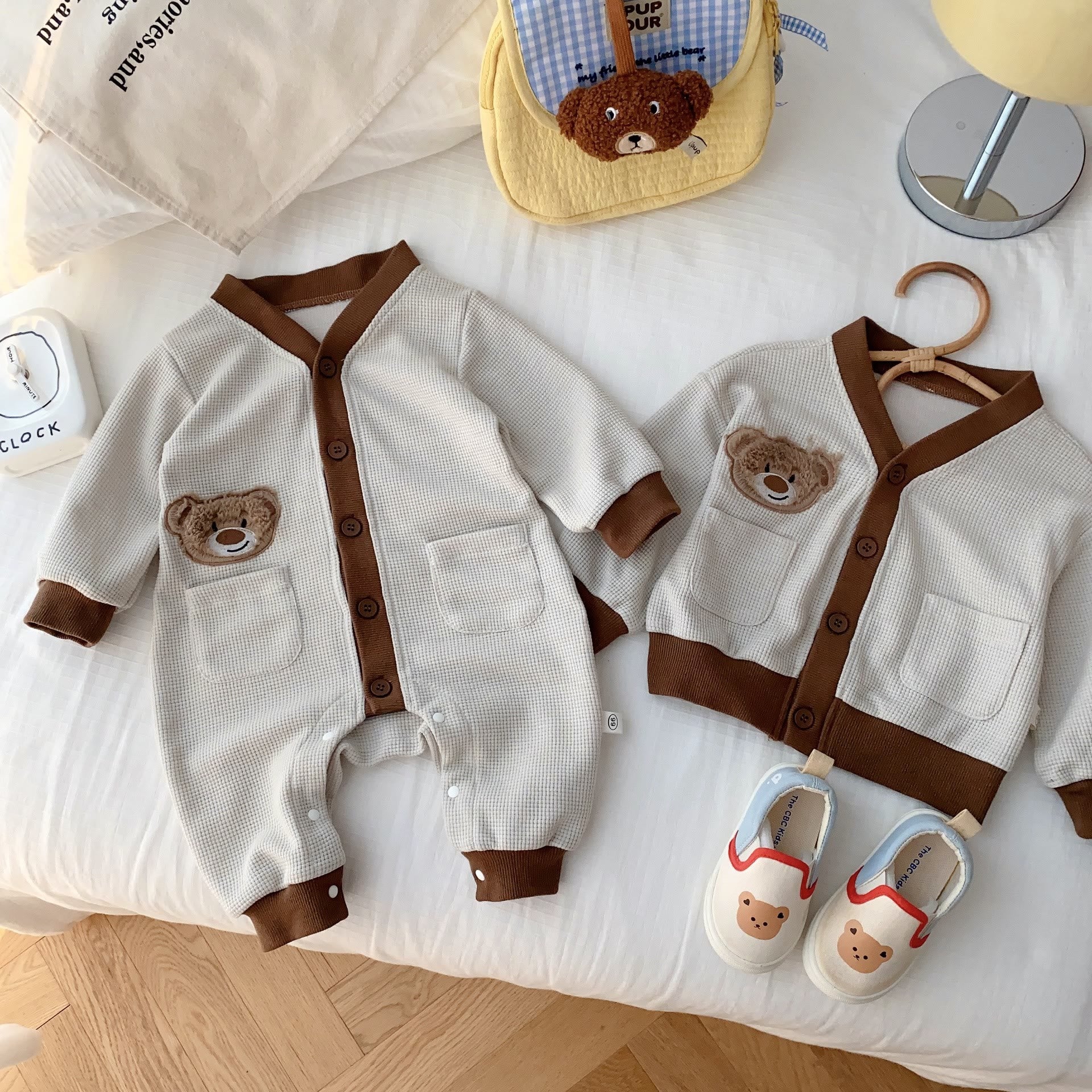 Baby Bear Button Waffle Pocket Romper Cardigan