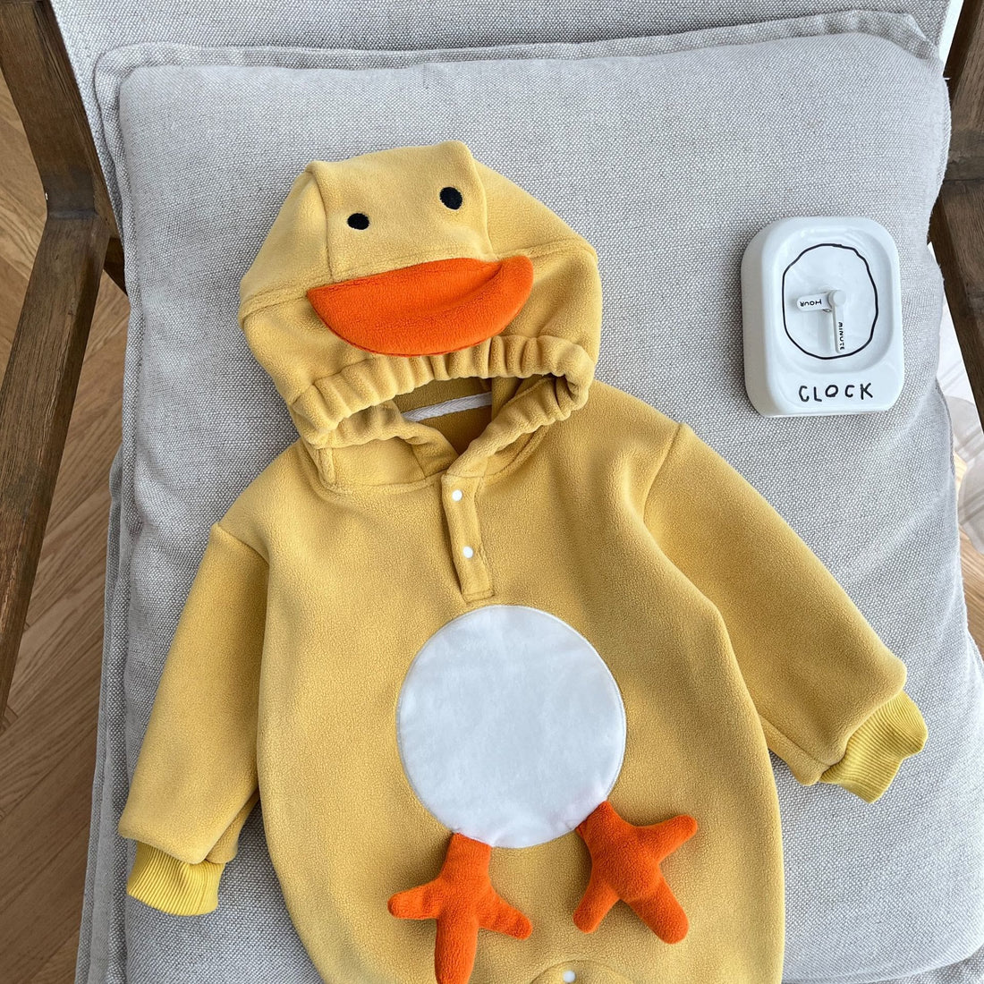 Baby Cartoon Duck Fleece Yellow Hooded Romper