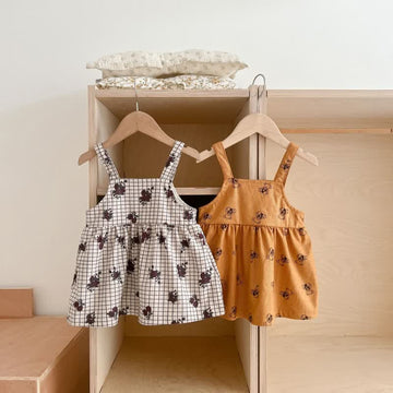 Baby Bear Flower Plaid Strap Dress