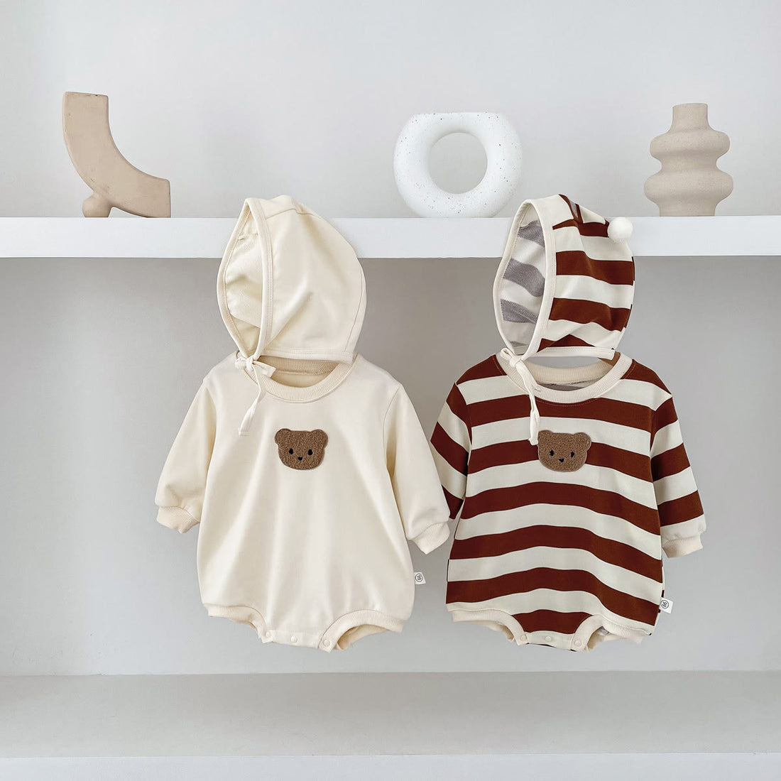 Baby Striped Side Bear Bodysuit with Bonnet