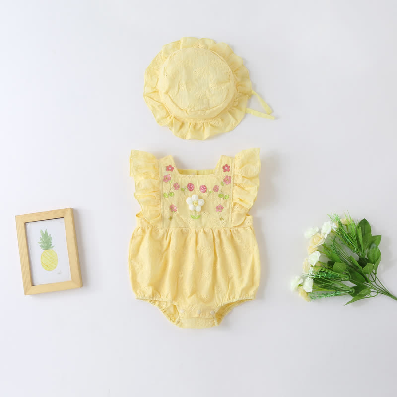 Baby Flower Ruffled Trim Bodysuit with Hat