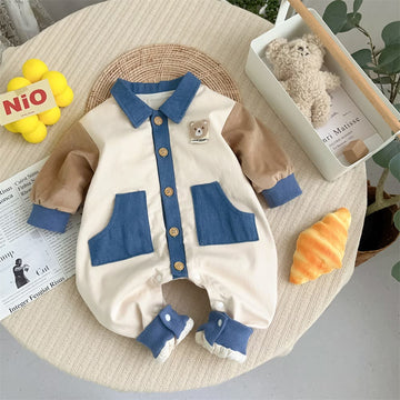 Baby Bear Collar Pocket Color Block Romper