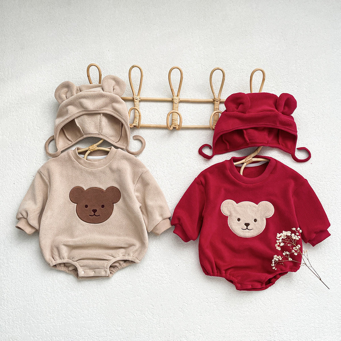 Baby Fleece Cartoon Bear Head Bodysuit with Bonnet