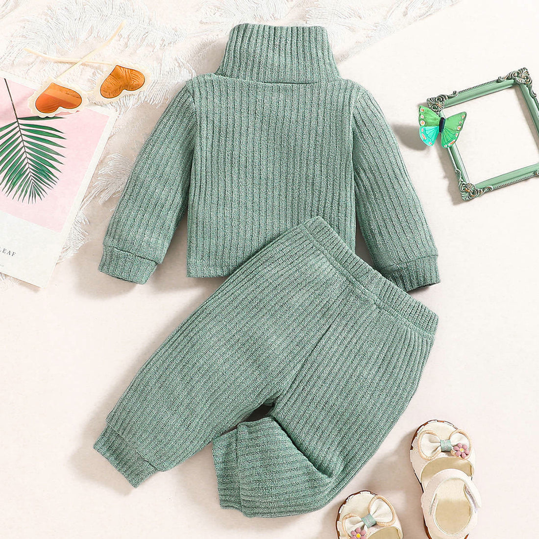 BABY Solid Color High Collar Top and Pants Set