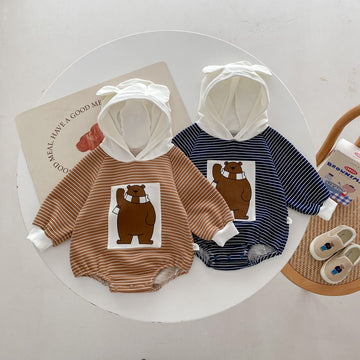 Baby Scarf Bear Patch Striped Hooded Bodysuit