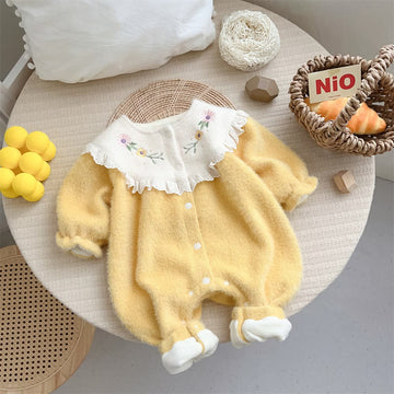 Baby Flower Emboidered Collar Fleece Romper