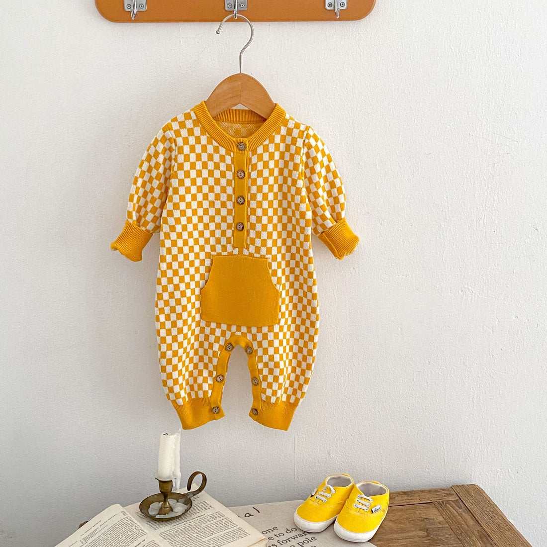 Baby Yellow Plaid Button Pocket Knitted Romper