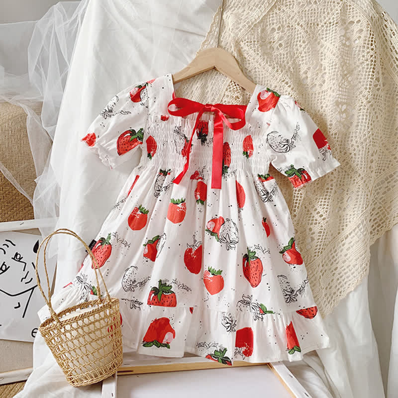 Toddler Girl Strawberry Bowknot Smocked Dress