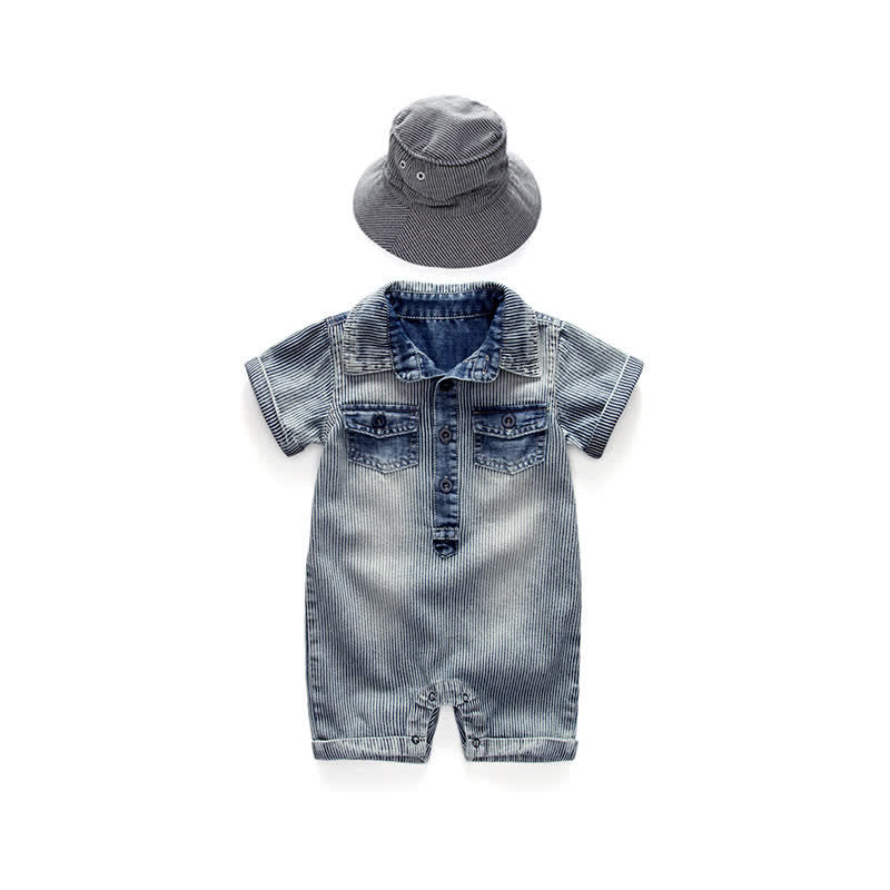 Baby Denim Striped Romper with Hat