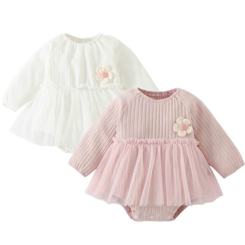 Baby Flower Ribbed Stitching Mesh Newborn Bodysuit