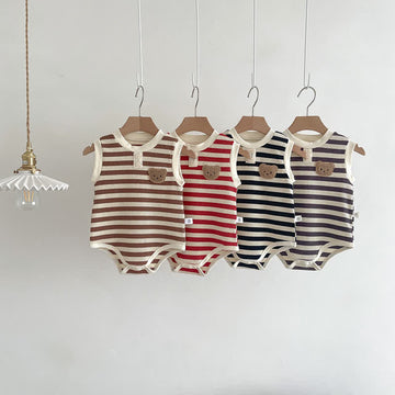 Baby Embroidered Bear Striped Sleeveless Bodysuit