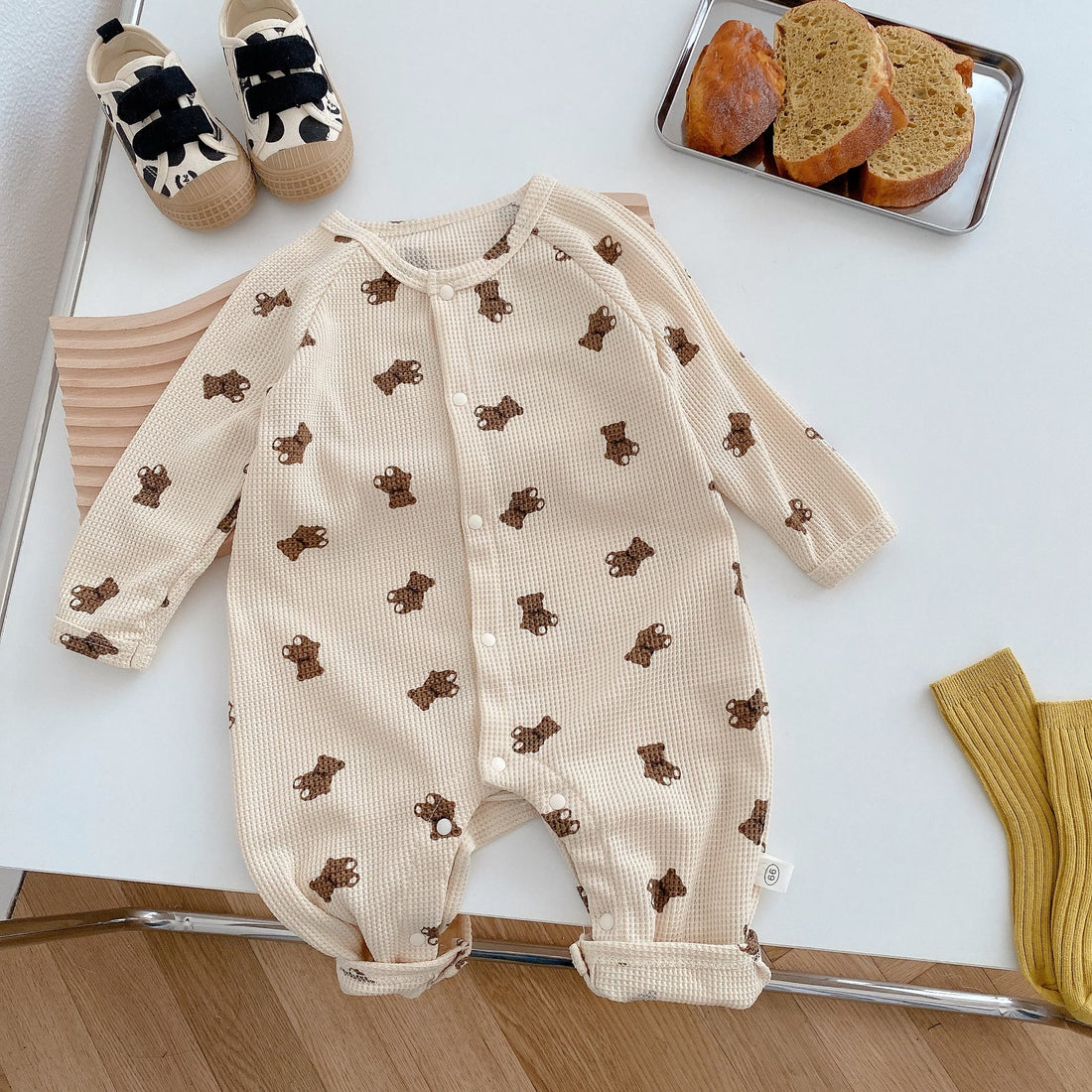 Baby Waffle Bear Print Romper