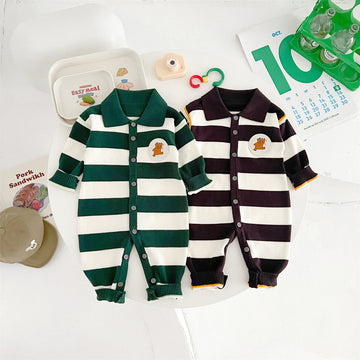 Baby Cartoon Bear Striped Lapels Knitted Romper