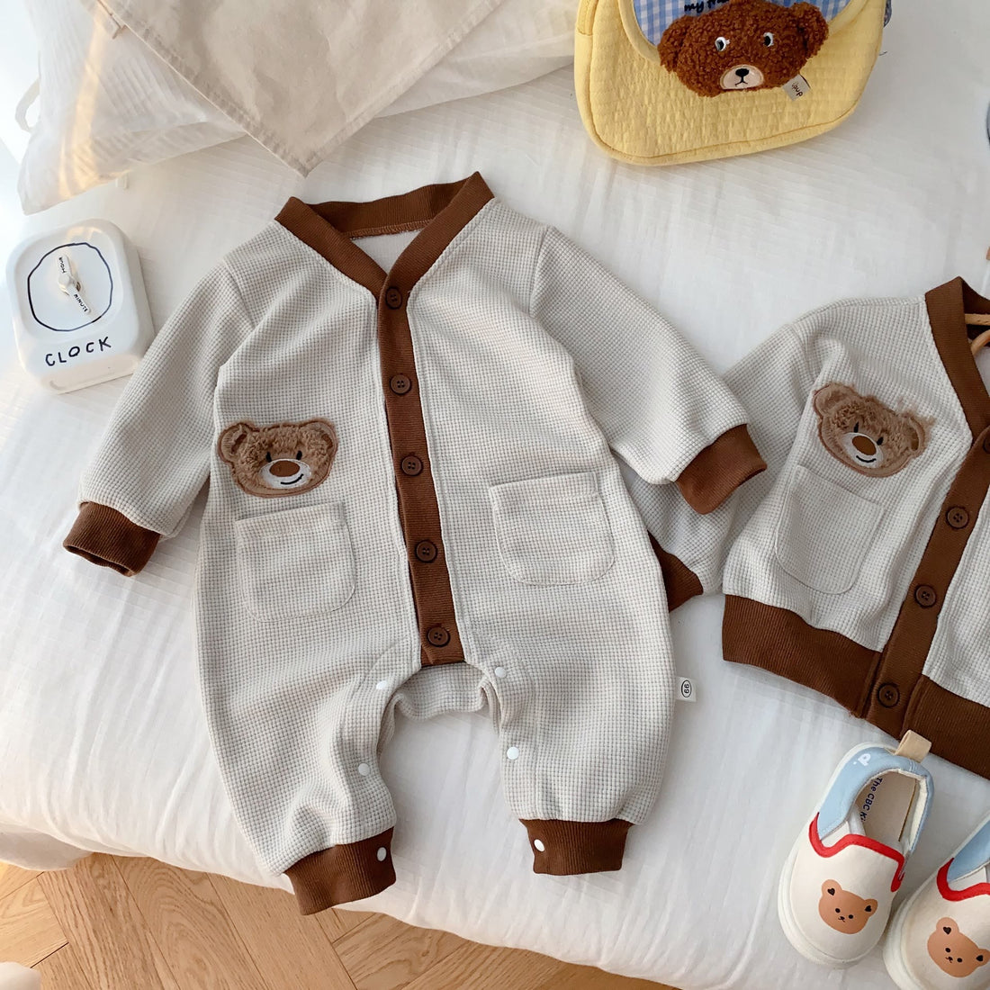 Baby Bear Button Waffle Pocket Romper Cardigan