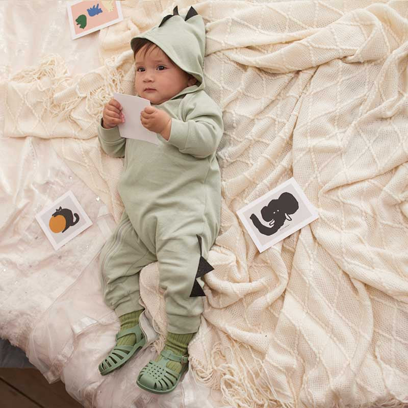 Baby Solid Color Dinosaur Zipper Hooded Romper