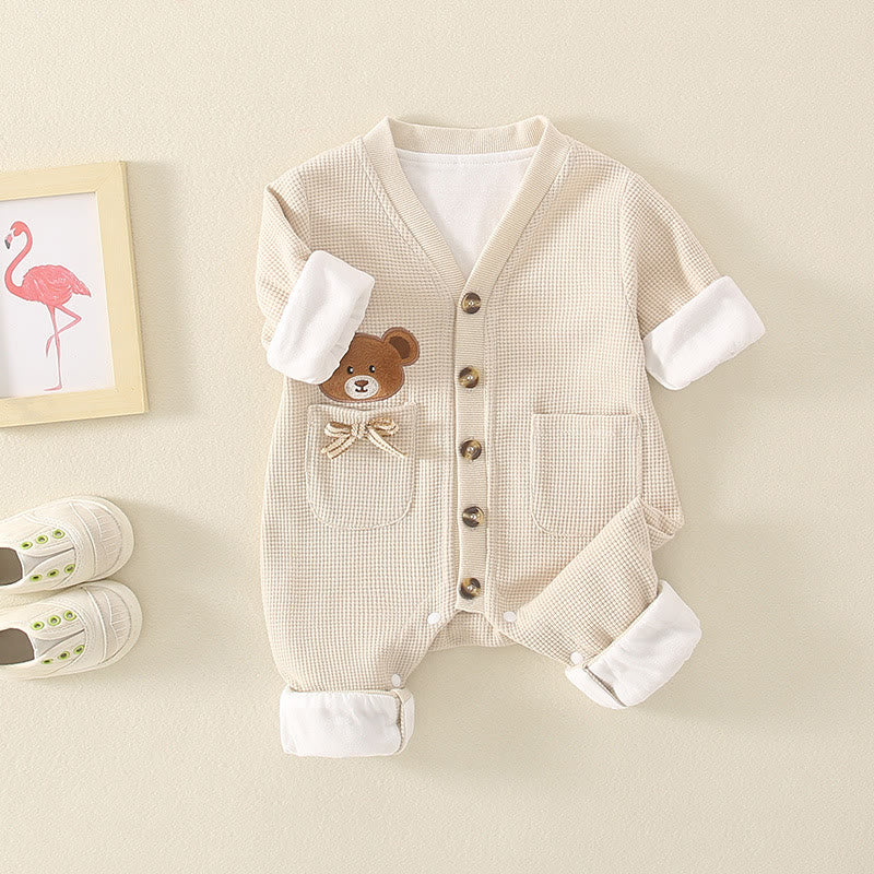 Baby Bear Bow Pocket Button Waffle Romper