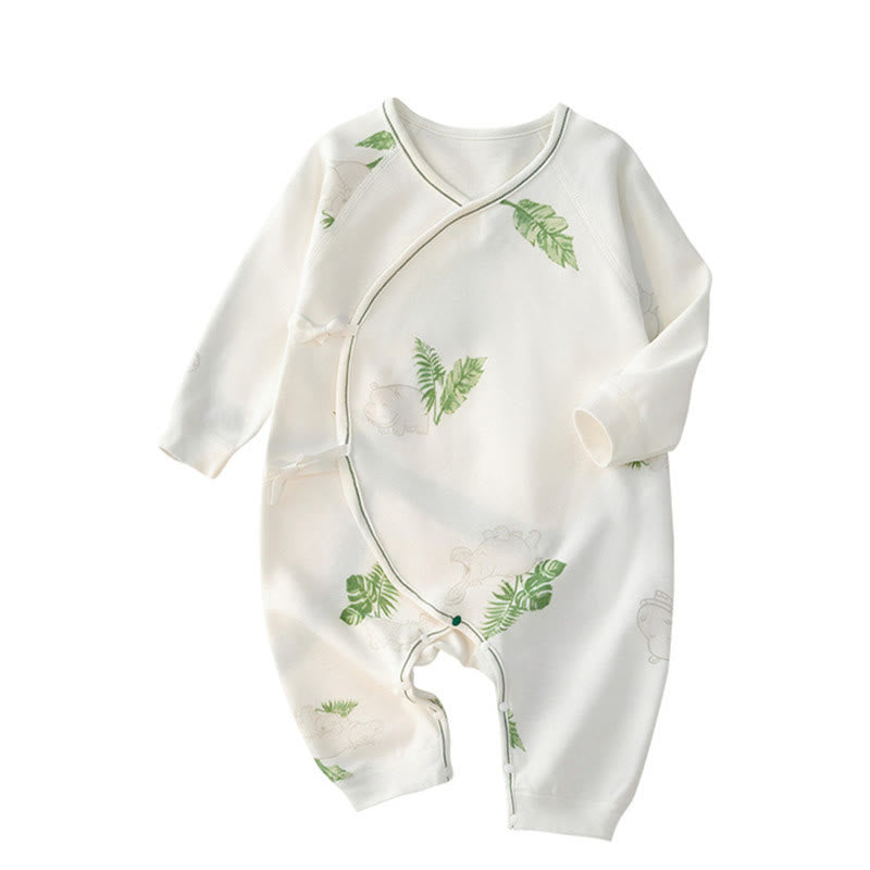 Baby Leaf Rhinoceros Printed White Kimono Romper