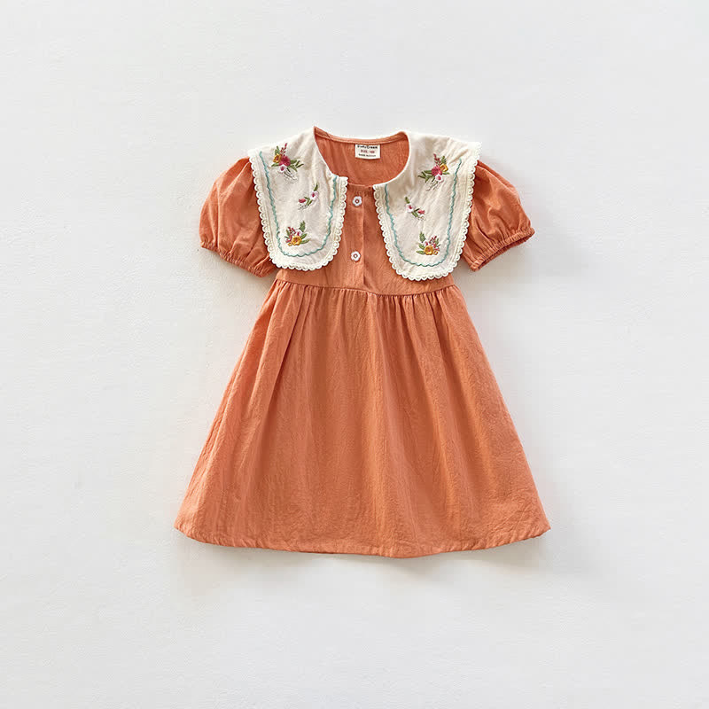 Toddler Girl Embroidered Flower Lapel Collar Dress