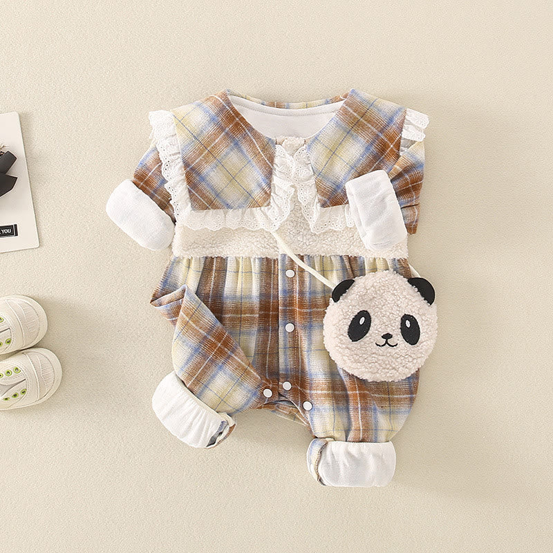 Baby Lapels Plaid Romper with Panda Bag